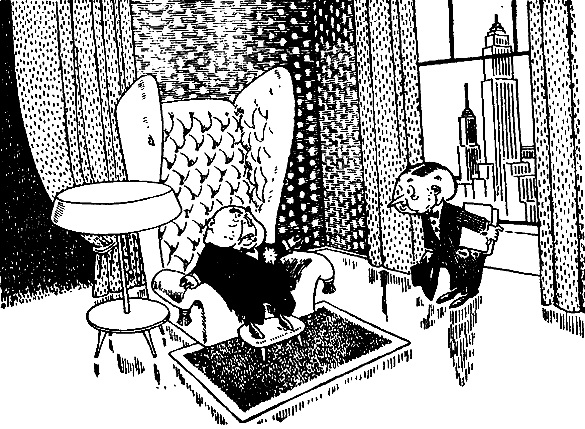 Черно-белое фото. Двое коротышек в богато обустроенной комнате, один стоит второй сидит в кресле.