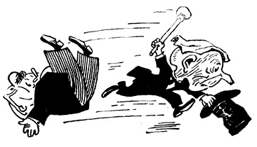 Черно-белое фото. Двое коротышек, один бежит с тростью, цилиндром в руках, другой падает на спину.