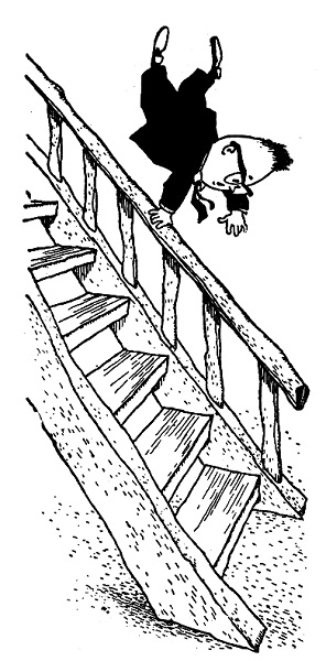 Черно-белое фото. Коротышка в невесомости летит вниз по лестнице.
