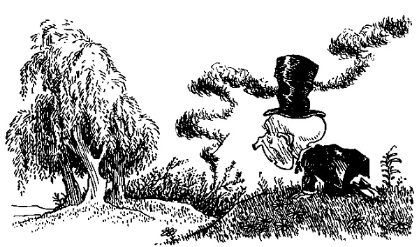 Черно-белое фото. Коротышка стоит на холме и смотрит вдаль, в сторону деревьев и дыма.