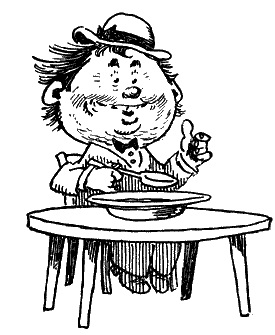 Черно-белое фото. Коротышка сидит за кругленьким столиком с тарелкой и ложкой в правой руке, а второй рукой показывает большим пальцем вверх.