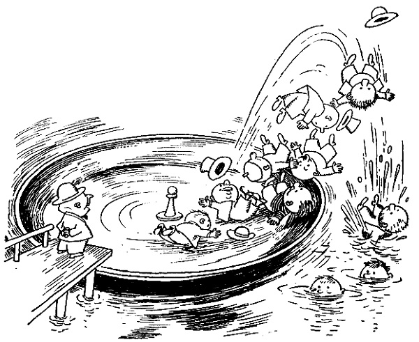 Черно-белое фото. Коротышка стоит на эстакаде и смотрит на коротышек внизу, которых выбрасывает с крутящейся посудины в воду по одному.