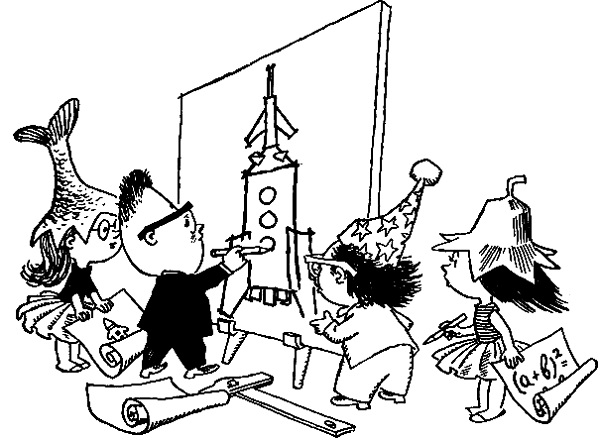 Черно-белое фото. Коротышка стоит рисует ракету перед мальбертом и трое коротышек стоят рядом смотрят и пытаются ему помочь.
