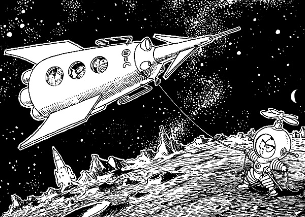 Черно-белое фото. Коротышка в скафандре на Луне тянет канатом прикрепленную ракету.