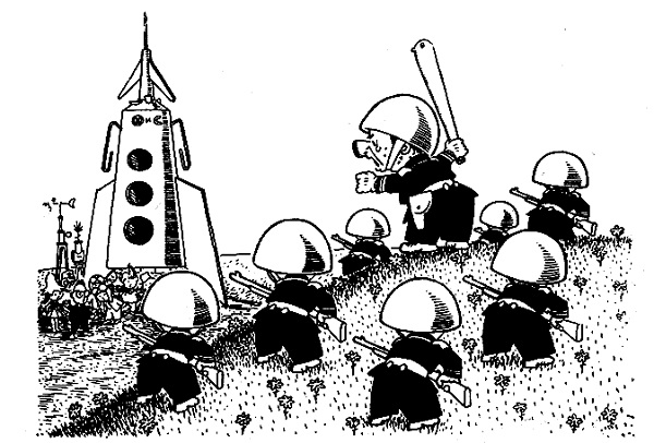 Черно-белое фото. Коротышки в форме с ружьем и с дубинкой, направили на коротышек стоящих у ракеты.