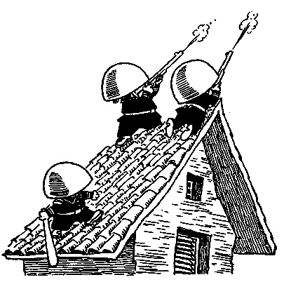 Черно-белое фото. Трое коротышек на крыше дома, двоя стреляют из ружьев, третий стоит позади них.