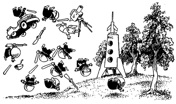 Черно-белое фото. Стоит ракета и пара тройка деревьев на поле, а в воздухе коротышки в форме с ними рядом в воздухе коротышка видеооператор и автомобиль, камера, дубинки, каска, ружье.