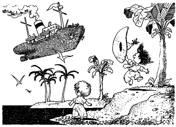 Черно-белое фото. Двое коротышек на острове с пальмами, в воздухе летит пароход.
