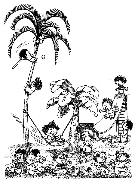 Черно-белое фото. Коротышки веселятся, кто катается на качелях, кто сбивает с пальм кокосы, кто сидит на земле.