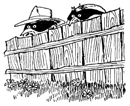 Черно-белое фото. Двое коротышек с масками на глазах смотрят поверх деревянного забора.
