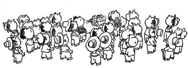 Черно-белое фото. Очень много коротышек стоят и смотрят вверх, большая часть, из которых с головным убором на голове.