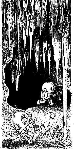 Черно-белое фото. Двое коротышек в скафандрах, в пещере, у одного вылетел сапог из ноги.