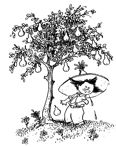 Черно-белое фото. Коротышка ест и выплёвывает грушу с грушевого дерева, полного грушами.
