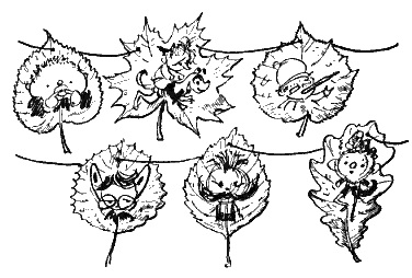 Черно-белое фото, шесть листочков на которых нарисованы коротышки