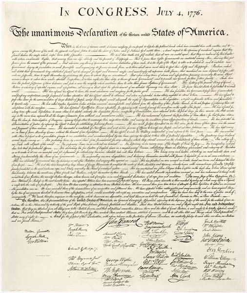 Декларация независимости Соединенных Штатов Америки, подписанная 4 июля 1776 года.
