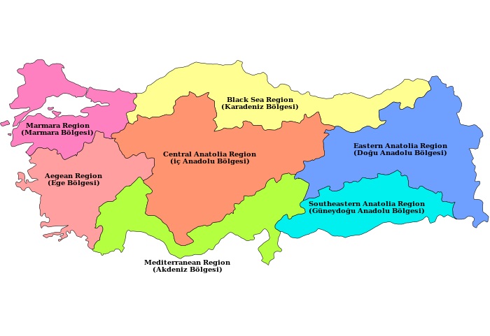 Метеорологическая карта Турции, делённая на семь зон разноцветных