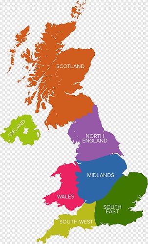 Метеорологическая карта Великобритании, делённая на семь зон разноцветных