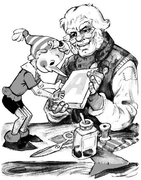Черно-белое фото. Старик показывает деревянному мальчику книгу, на которой написано А.