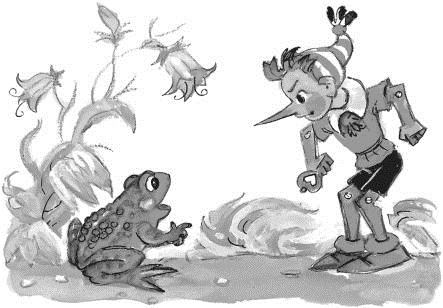 Черно-белое фото. Деревянный мальчик стоят с лягушкой напротив друг друга.