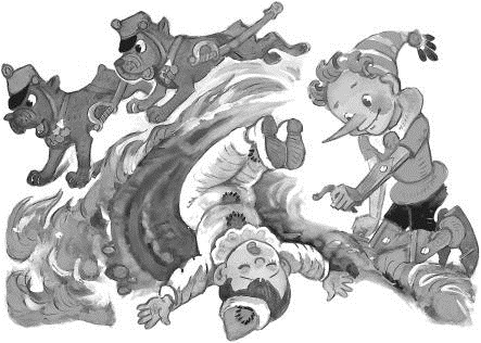 Черно-белое фото. Деревянный мальчик и две собаки, а также мальчик лежащий на спине вврех ногами.
